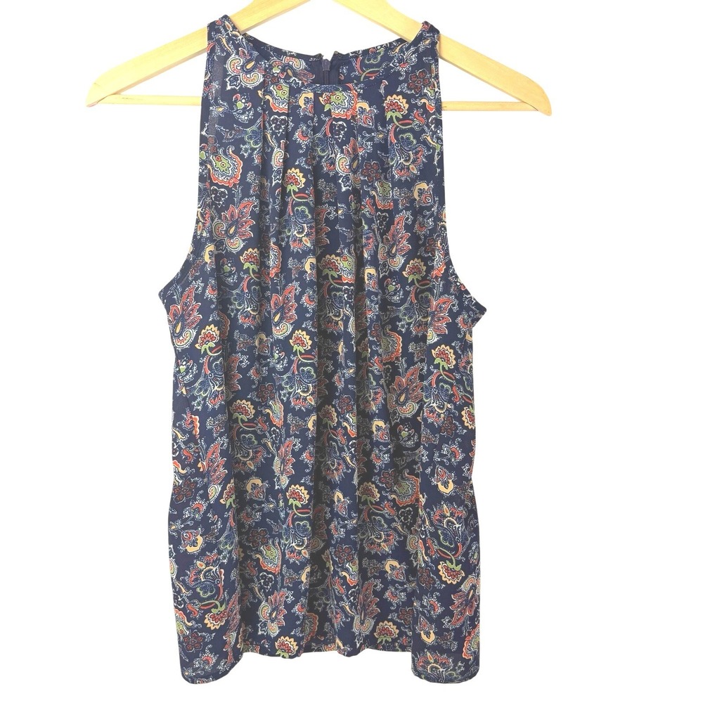 Womens Paisley Blouse Sleeveless Pleated Front Boho Flowy Navy M L